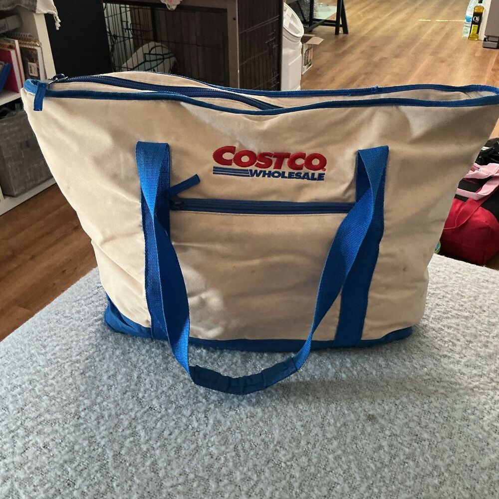 Costco Wholesale Logo Large Insulated Cooler Tote Bag Blue Beige Zipper